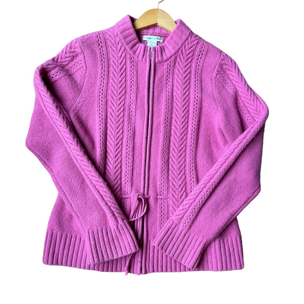 Cambridge Dry Goods Pink Cable Knit Zip Front Cowl Sweater